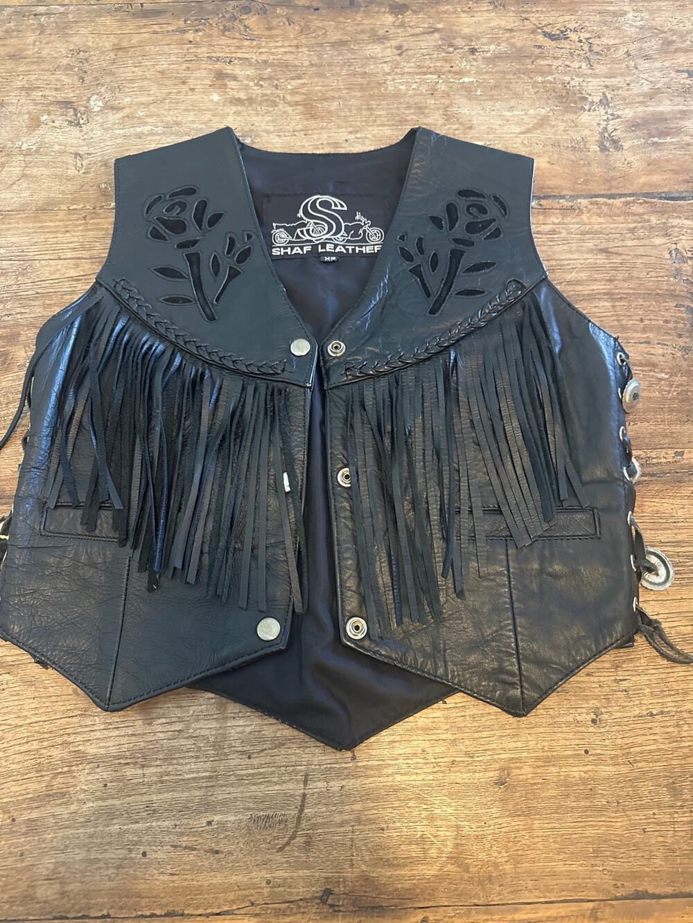 Shaf black fringed motorcycle braided sides all leather vest